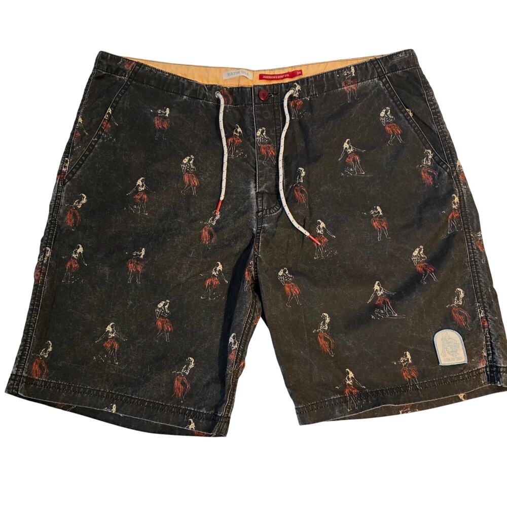 Katin‎ USA Hula Girl Surf Trunk Hybrid Shorts 34 Black Washed Tropical Boho